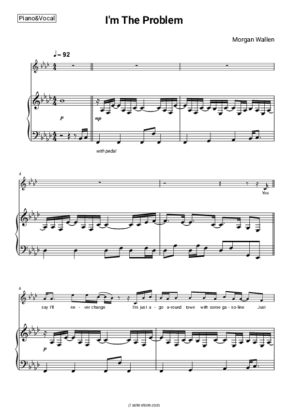 I'm The Problem - Morgan Wallen Piano Sheet Music with the Voice part - Piano&Vocal