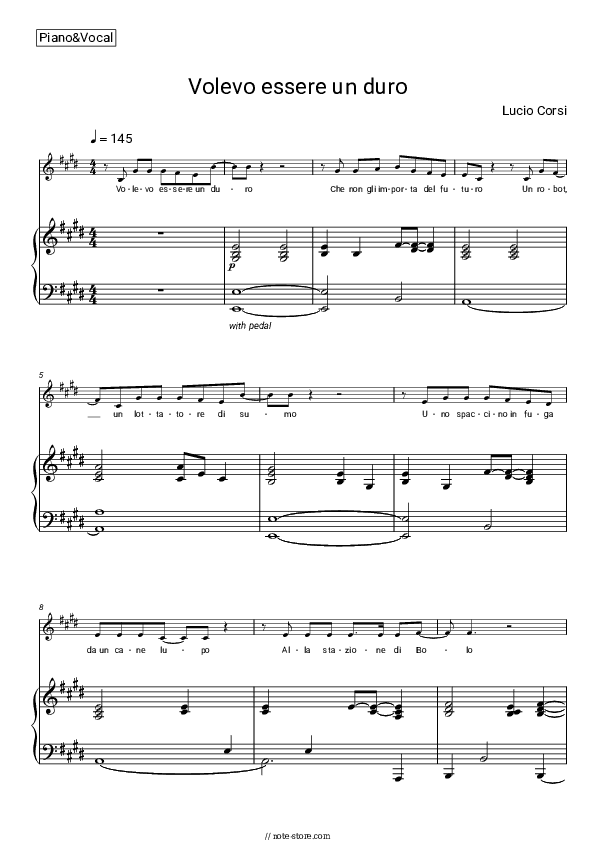 Volevo essere un duro - Lucio Corsi Piano Sheet Music with the Voice part - Piano&Vocal
