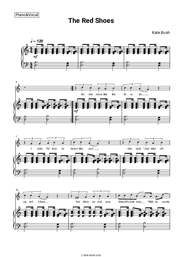 The Red Shoes - Kate Bush Piano Sheet Music with the Voice part - Piano&Vocal