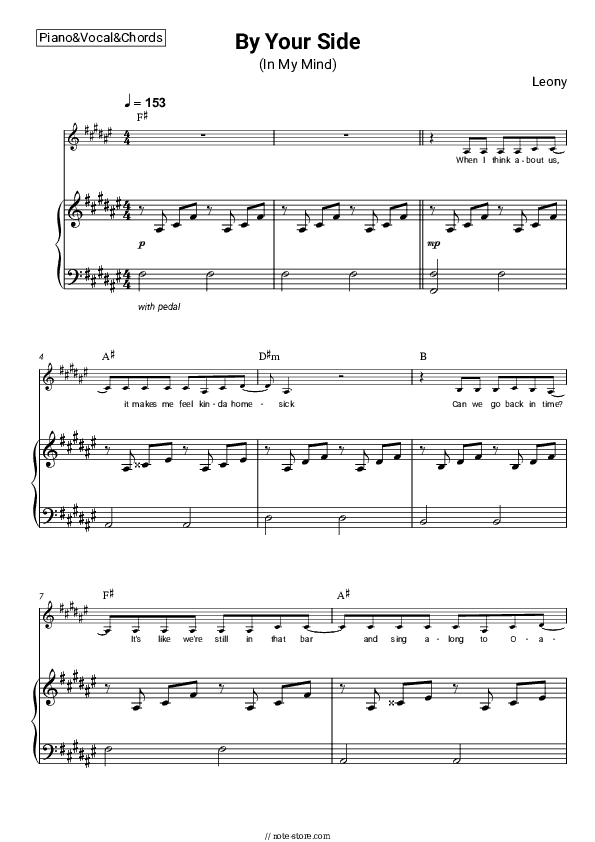 By Your Side (In My Mind) - Leony Piano Sheet Music with the Vocal and Chords - Piano&Vocal&Chords