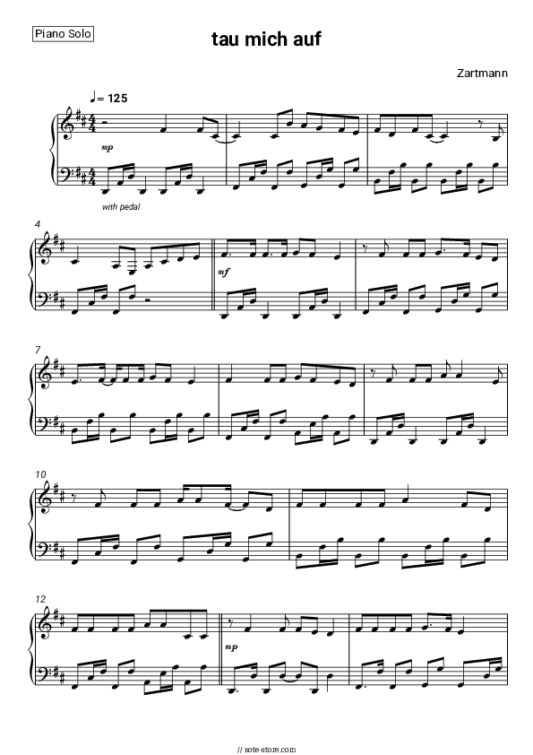 tau mich auf - Zartmann Piano Sheet Music - Piano.Solo