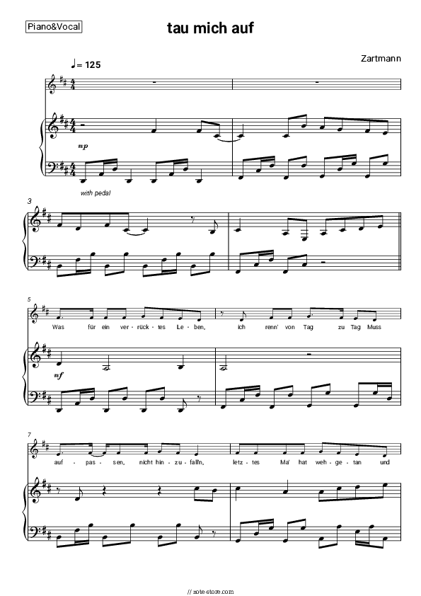 tau mich auf - Zartmann Piano Sheet Music with the Voice part - Piano&Vocal