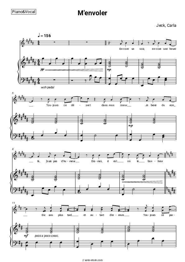 M'envoler - Jeck, Carla Piano Sheet Music with the Voice part - Piano&Vocal