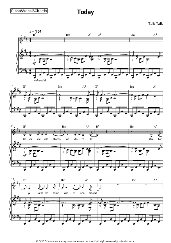 Today - Talk Talk Piano Sheet Music with the Vocal and Chords - Piano&Vocal&Chords