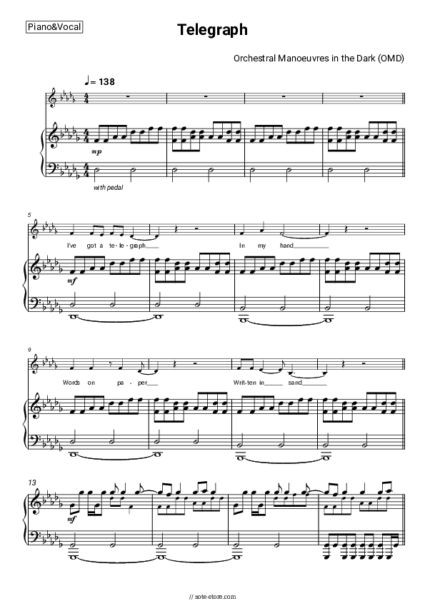 Telegraph - Orchestral Manoeuvres in the Dark (OMD) Piano Sheet Music with the Voice part - Piano&Vocal