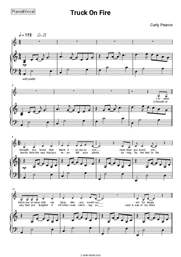 Truck On Fire - Carly Pearce Piano Sheet Music with the Voice part - Piano&Vocal