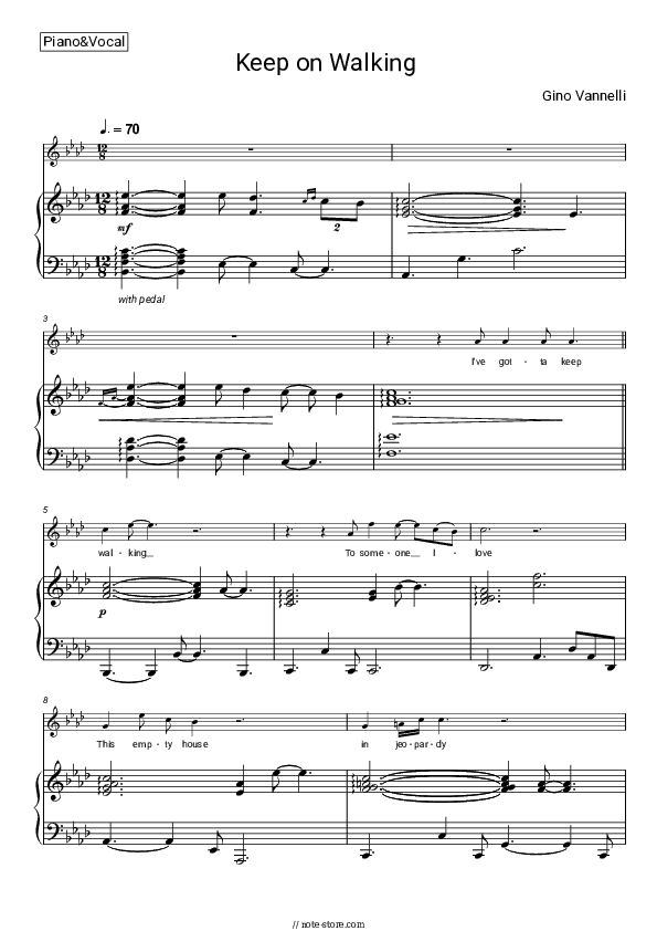 Keep on Walking - Gino Vannelli Piano Sheet Music with the Voice part - Piano&Vocal