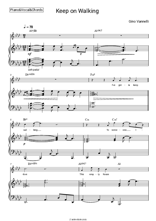 Keep on Walking - Gino Vannelli Piano Sheet Music with the Vocal and Chords - Piano&Vocal&Chords