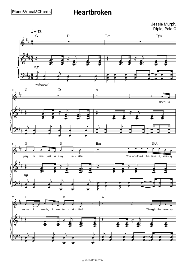 Heartbroken - Jessie Murph, Diplo, Polo G Piano Sheet Music with the Vocal and Chords - Piano&Vocal&Chords