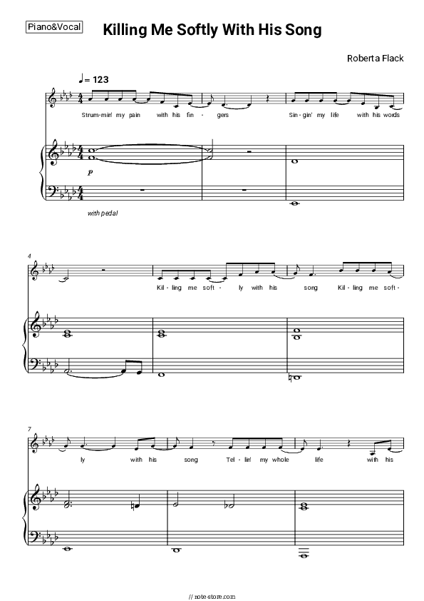 Killing Me Softly With His Song - Roberta Flack Piano Sheet Music with the Voice part - Piano&Vocal