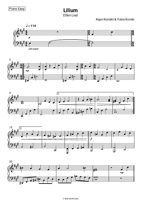 Elfen Lied - Lilium Piano Sheet Music Easy - Piano.Easy