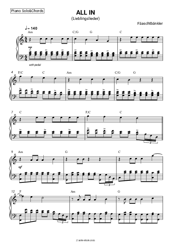 ALL IN (Lieblingslieder) - Fäaschtbänkler Piano Sheet Music and Chords - Piano.Solo&Chords