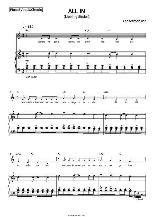 ALL IN (Lieblingslieder) - Fäaschtbänkler Piano Sheet Music with the Vocal and Chords - Piano&Vocal&Chords