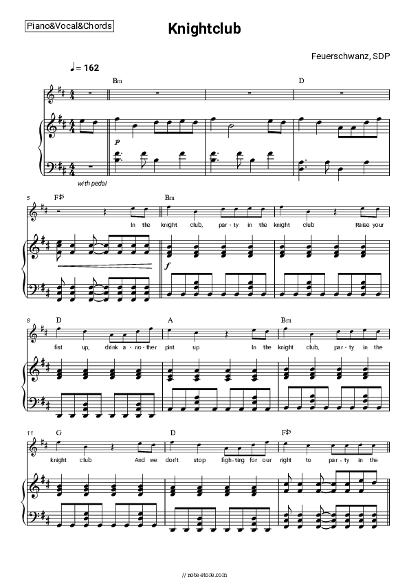 Knightclub - Feuerschwanz, SDP Piano Sheet Music with the Vocal and Chords - Piano&Vocal&Chords