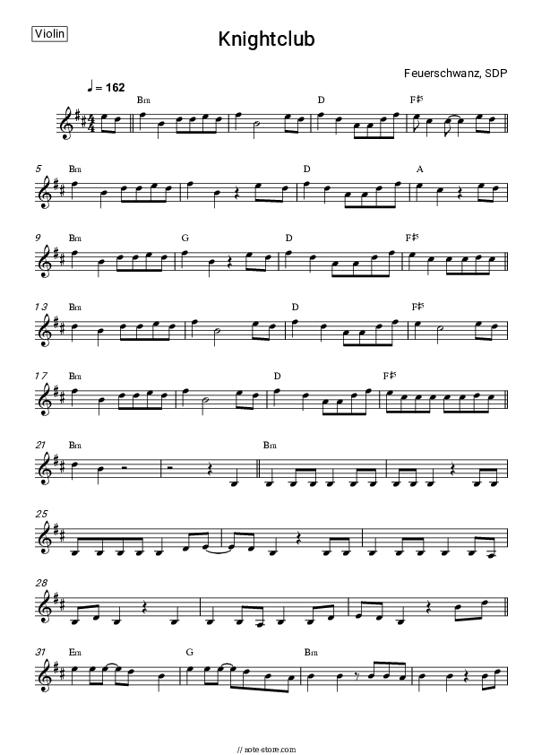 Knightclub - Feuerschwanz, SDP Violin Sheet Music - Violin