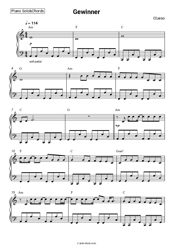 Gewinner - Clueso Piano Sheet Music and Chords - Piano.Solo&Chords