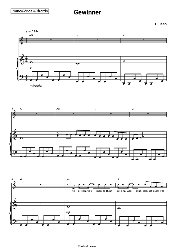 Gewinner - Clueso Piano Sheet Music with the Vocal and Chords - Piano&Vocal&Chords