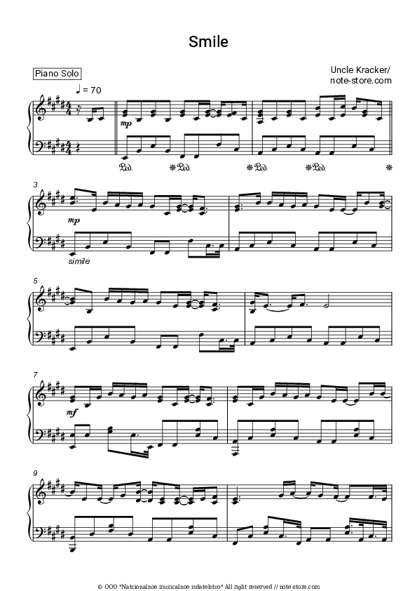 Smile - Uncle Kracker Piano Sheet Music - Piano.Solo