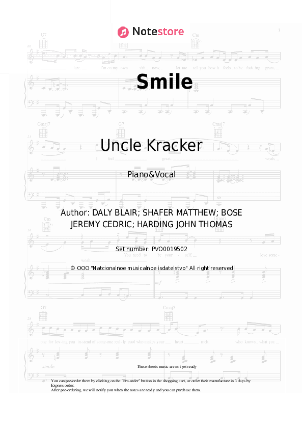 Smile - Uncle Kracker Piano Sheet Music with the Voice part - Piano&Vocal
