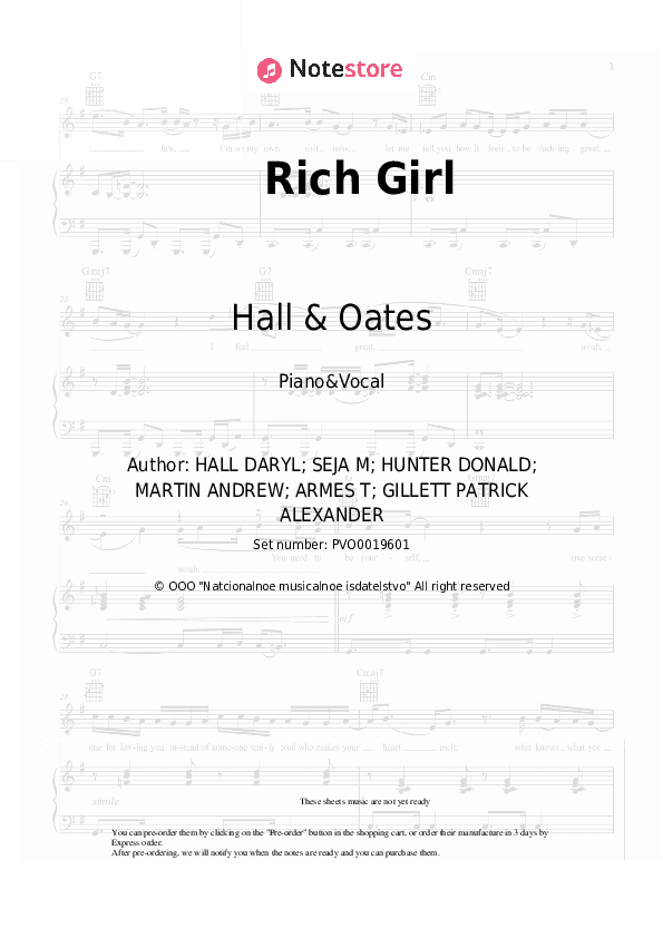 Rich Girl - Hall & Oates Piano Sheet Music with the Voice part - Piano&Vocal