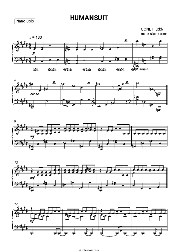 HUMANSUIT - GONE.Fludd Piano Sheet Music - Piano.Solo