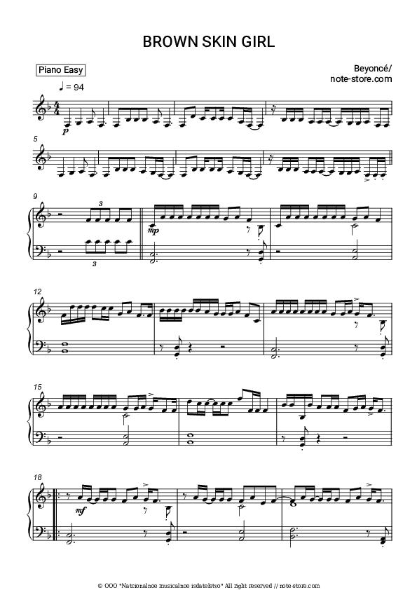 BROWN SKIN GIRL - Beyonce, Blue Ivy Carter, SAINt JHN, Wizkid Piano Sheet Music Easy - Piano.Easy
