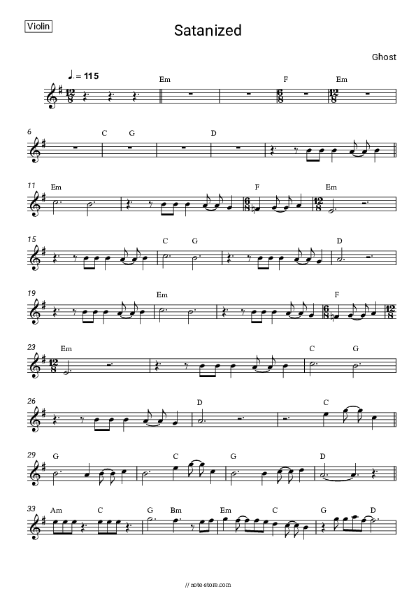 Satanized - Ghost Violin Sheet Music - Violin