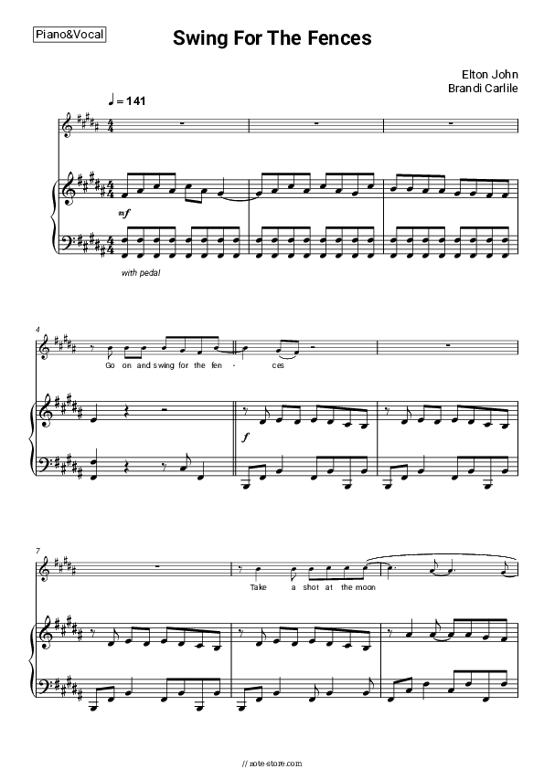 Swing For The Fences - Elton John, Brandi Carlile Piano Sheet Music with the Voice part - Piano&Vocal