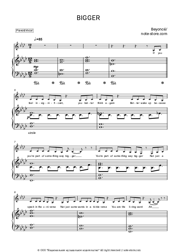 BIGGER - Beyonce Piano Sheet Music with the Voice part - Piano&Vocal