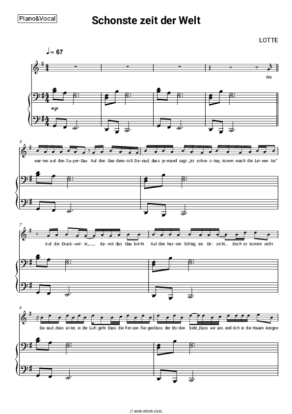 Schönste zeit der Welt - LOTTE Piano Sheet Music with the Voice part - Piano&Vocal
