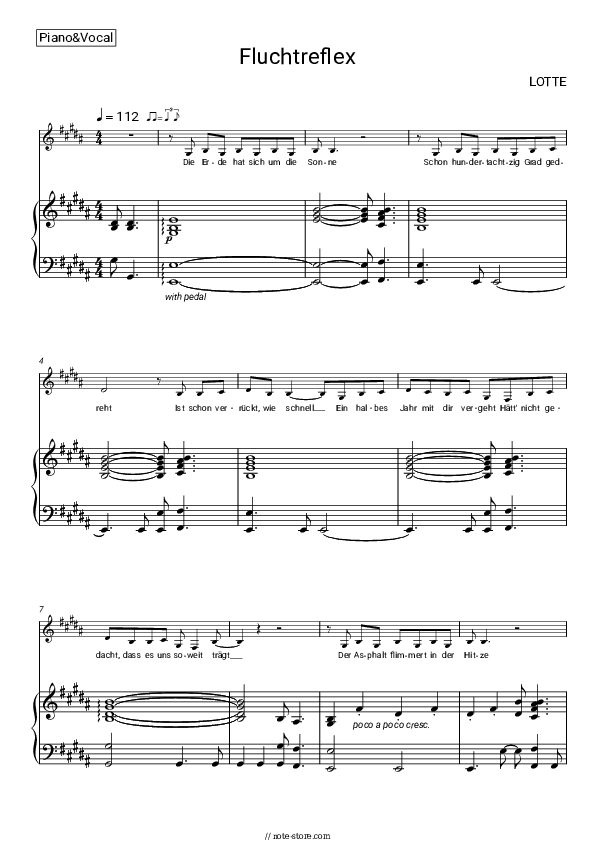 Fluchtreflex - LOTTE Piano Sheet Music with the Voice part - Piano&Vocal