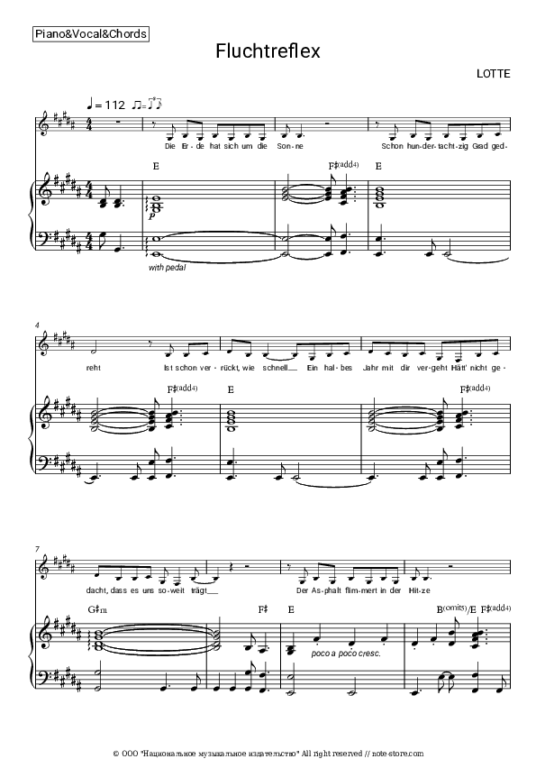 Fluchtreflex - LOTTE Piano Sheet Music with the Vocal and Chords - Piano&Vocal&Chords