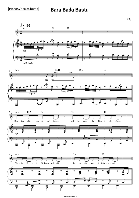Bara Bada Bastu - KAJ Piano Sheet Music with the Vocal and Chords - Piano&Vocal&Chords