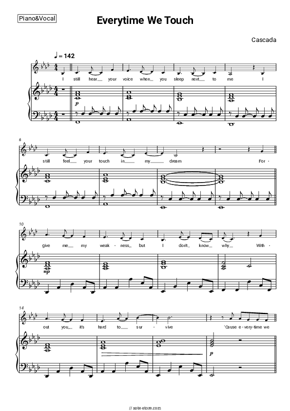 Everytime We Touch - Cascada Piano Sheet Music with the Voice part - Piano&Vocal