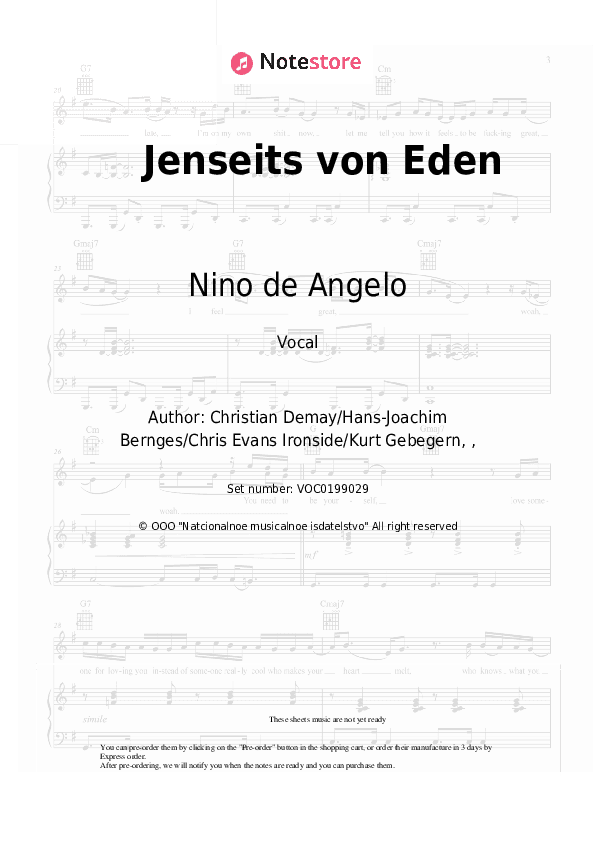 Jenseits von Eden - Nino de Angelo Vocal Sheet Music - Vocal