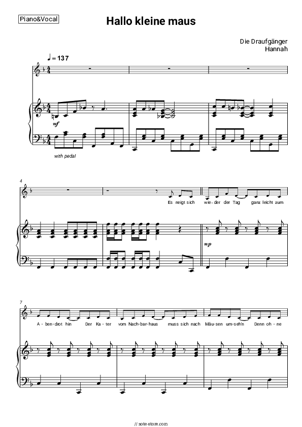 Hallo kleine maus - Die Draufgänger, Hannah Piano Sheet Music with the Voice part - Piano&Vocal