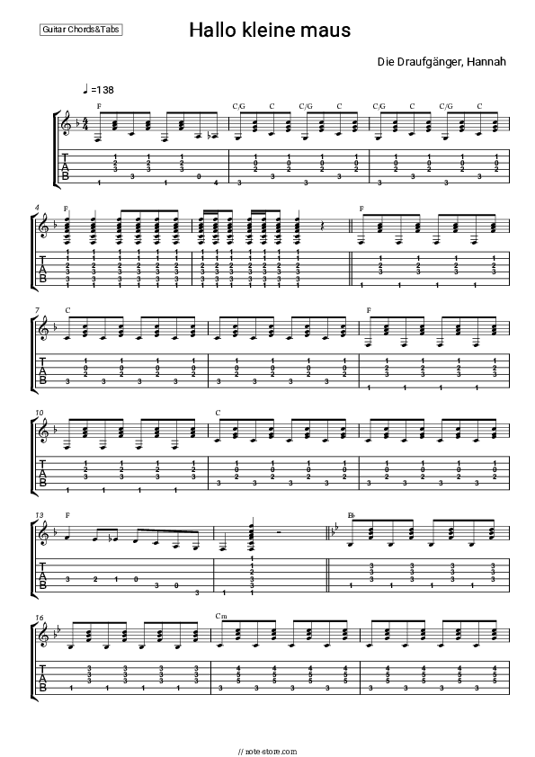 Hallo kleine maus - Die Draufgänger, Hannah Chords - Guitar.Chords