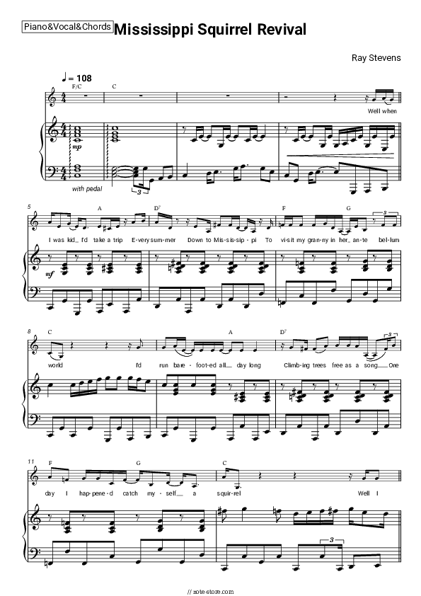 Mississippi Squirrel Revival - Ray Stevens Piano Sheet Music with the Vocal and Chords - Piano&Vocal&Chords