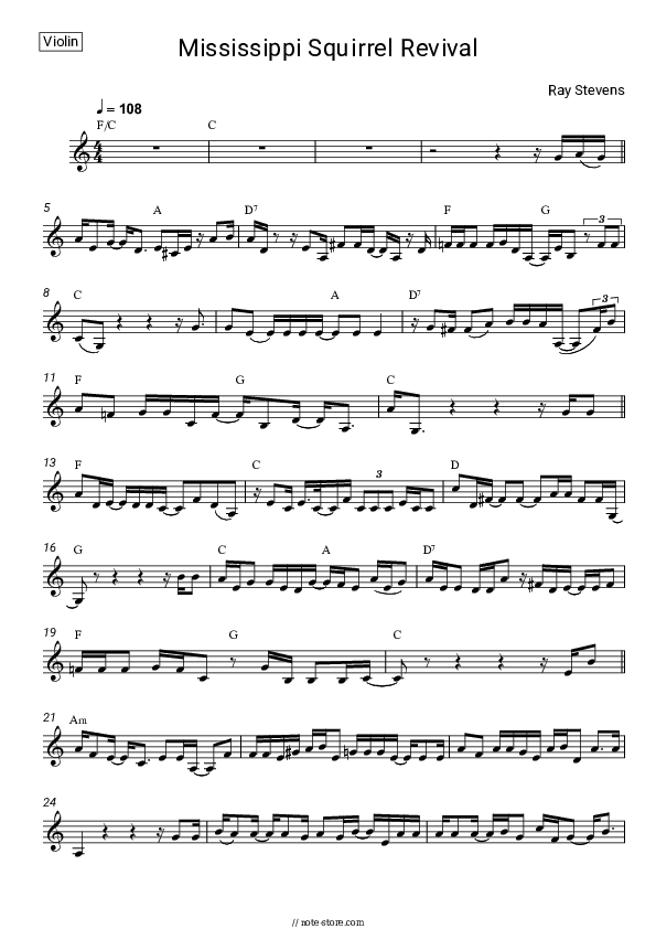 Mississippi Squirrel Revival - Ray Stevens Violin Sheet Music - Violin