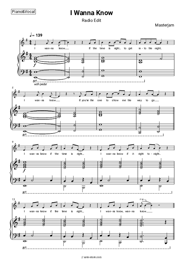 I Wanna Know (Radio Edit) - Masterjam Piano Sheet Music with the Voice part - Piano&Vocal