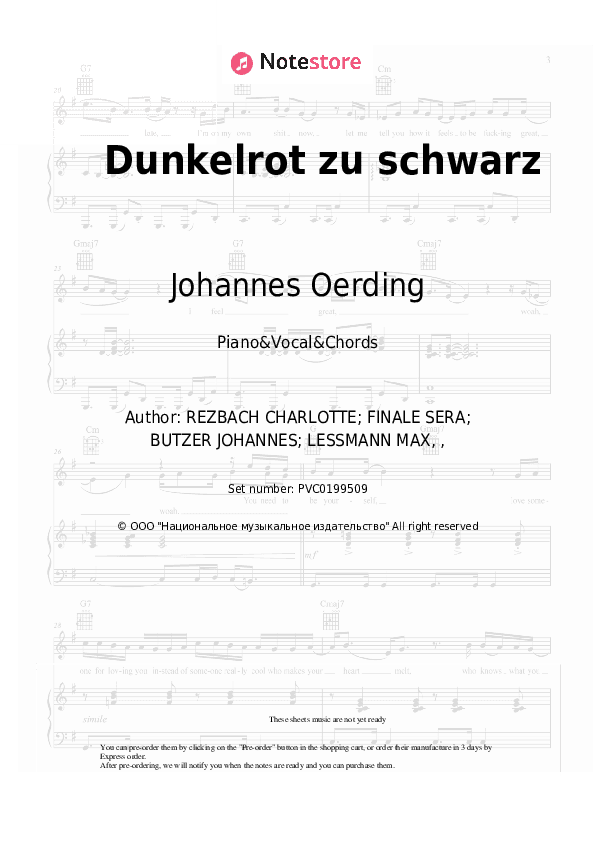 Dunkelrot zu schwarz - Johannes Oerding, LOTTE Piano Sheet Music with the Vocal and Chords - Piano&Vocal&Chords