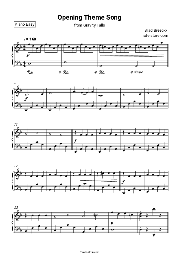 Theme Song (Gravity Falls) - Brad Breeck Piano Sheet Music Easy - Piano.Easy