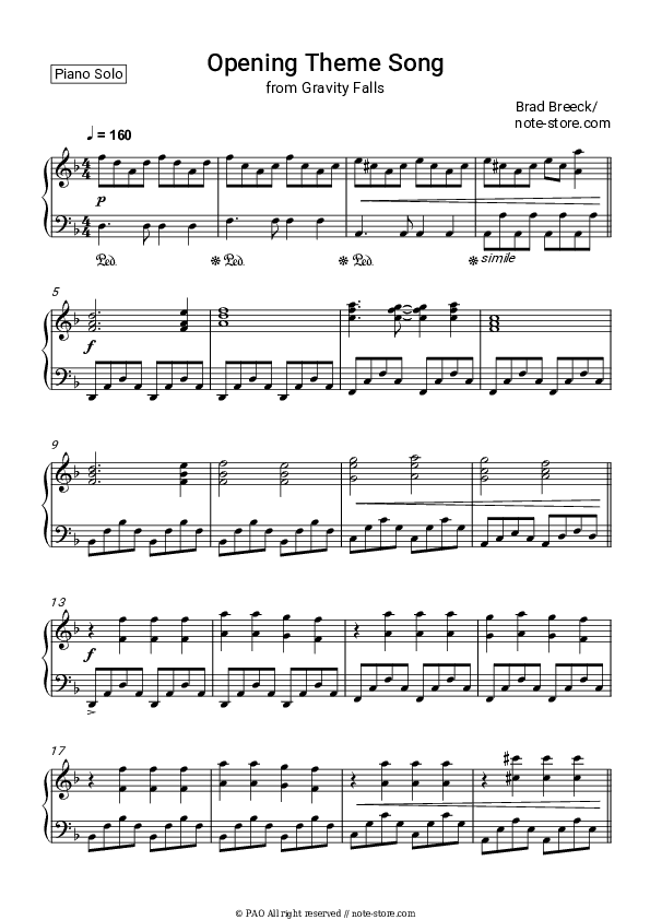 Theme Song (Gravity Falls) - Brad Breeck Piano Sheet Music - Piano.Solo