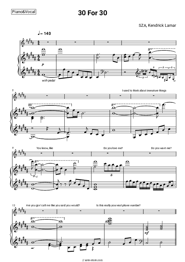 30 For 30 - SZA, Kendrick Lamar Piano Sheet Music with the Voice part - Piano&Vocal