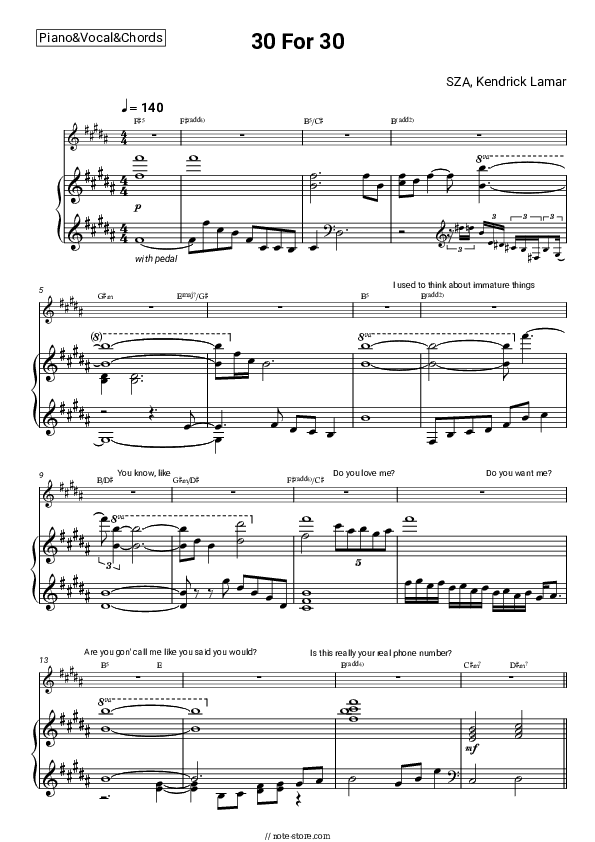 30 For 30 - SZA, Kendrick Lamar Piano Sheet Music with the Vocal and Chords - Piano&Vocal&Chords