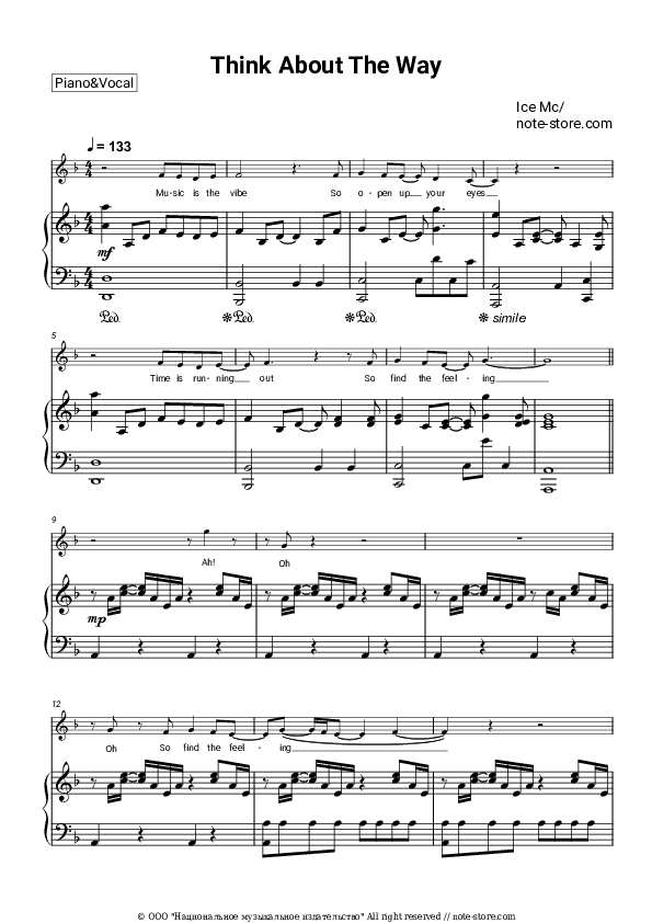 Think about the way - Ice MC Piano Sheet Music with the Voice part - Piano&Vocal