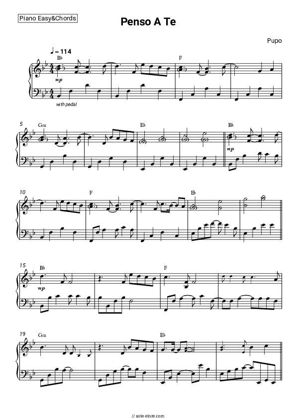 Penso A Te - Pupo Sheet Music Easy and Chords - Piano.Easy&Chords