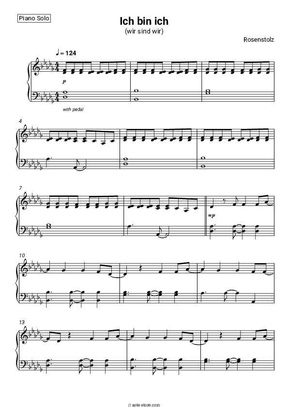 Ich bin ich (wir sind wir) - Rosenstolz Piano Sheet Music - Piano.Solo