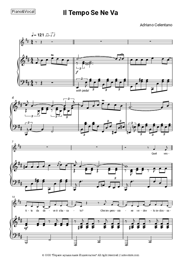 Il Tempo Se Ne Va - Adriano Celentano Piano Sheet Music with the Voice part - Piano&Vocal
