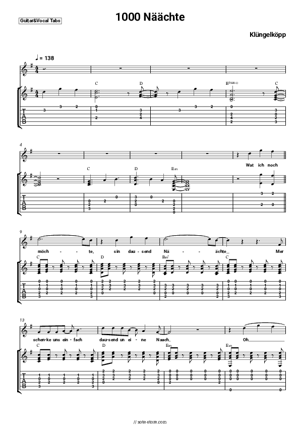 1000 Nächte - Klüngelköpp Chords and Voice - Guitar&Vocal.Tab